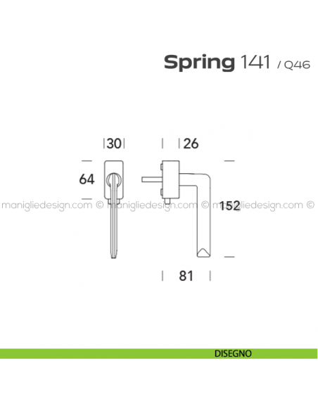 Maniglia per finestra DK con pulsante su placca 141 Spring Q. Reguitti disegno