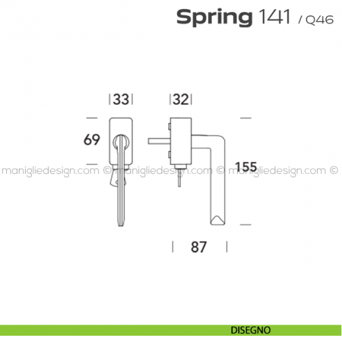 Maniglia per finestra martellina DK con chiave 141 Spring Q. Reguitti disegno