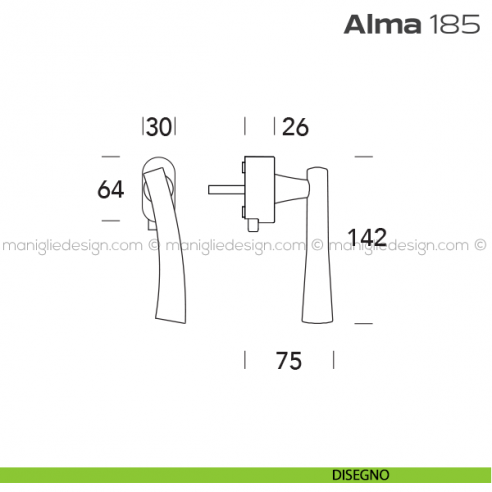 Maniglia per finestra DK con pulsante su placca 185 Alma Reguitti disegno