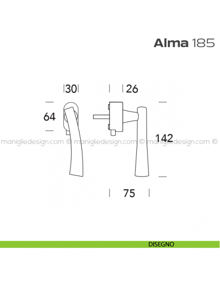 Maniglia per finestra DK con pulsante su placca 185 Alma Reguitti disegno