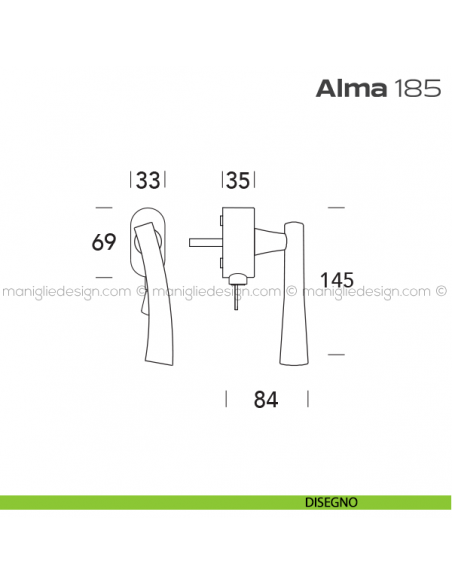 Maniglia per finestra martellina DK con chiave 185 Alma Reguitti disegno