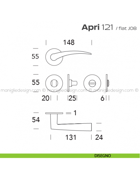 Maniglia per porta con nottolino 121 Apri Flat Reguitti disegno