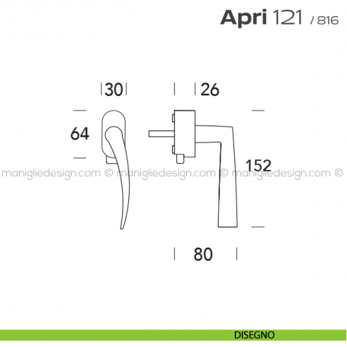 Maniglia per finestra DK con pulsante su placca 121 Apri T. Reguitti disegno