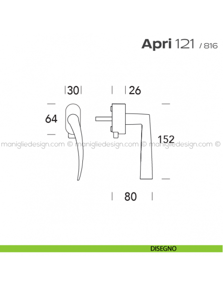 Maniglia per finestra DK con pulsante su placca 121 Apri T. Reguitti disegno