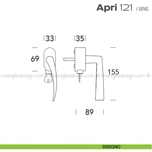 Maniglia per finestra DK con chiave su placca 121 Apri T. Reguitti disegno