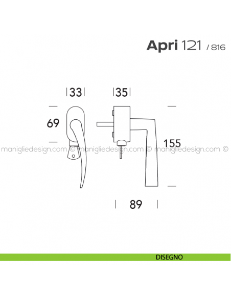 Maniglia per finestra DK con chiave su placca 121 Apri T. Reguitti disegno