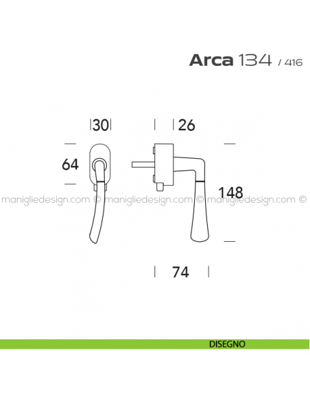 Maniglia per finestra DK con pulsante su placca 134 Arca Reguitti disegno