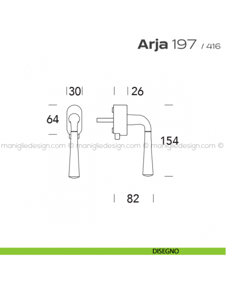 Maniglia per finestra DK con pulsante su placca 197 Arja Reguitti disegno