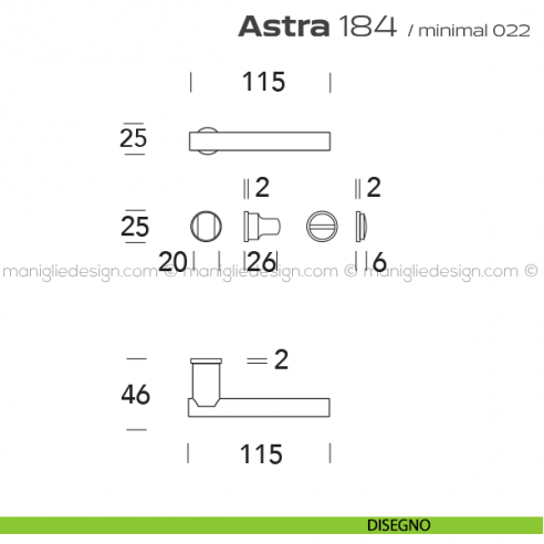 Maniglia per porta con nottolino 184 Astra Minimal Reguitti disegno