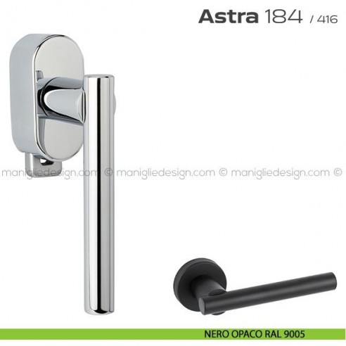 Maniglia per finestra DK con pulsante su placca 184 Astra Reguitti nero opaco RAL 9005