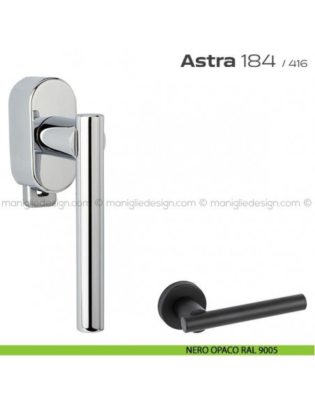 Maniglia per finestra DK con pulsante su placca 184 Astra Reguitti nero opaco RAL 9005