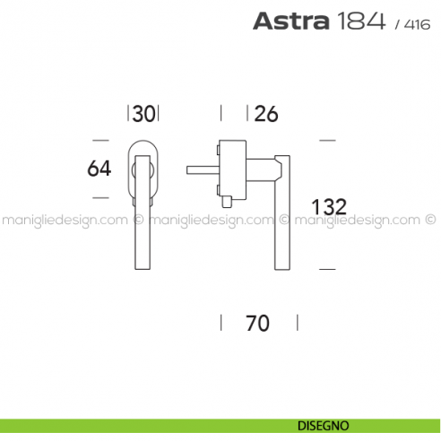 Maniglia per finestra DK con pulsante su placca 184 Astra Reguitti disegno