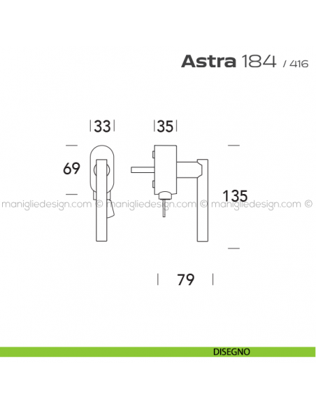 Maniglia per finestra martellina DK con chiave 184 Astra Reguitti disegno