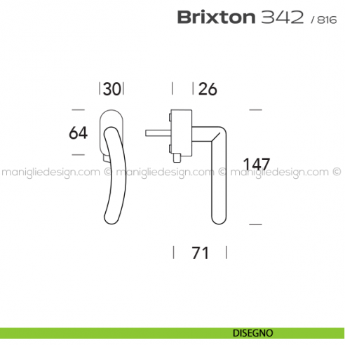 Maniglia per finestra DK con pulsante su placca 342 Brixton Reguitti disegno