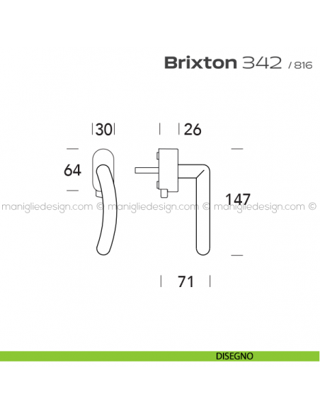 Maniglia per finestra DK con pulsante su placca 342 Brixton Reguitti disegno