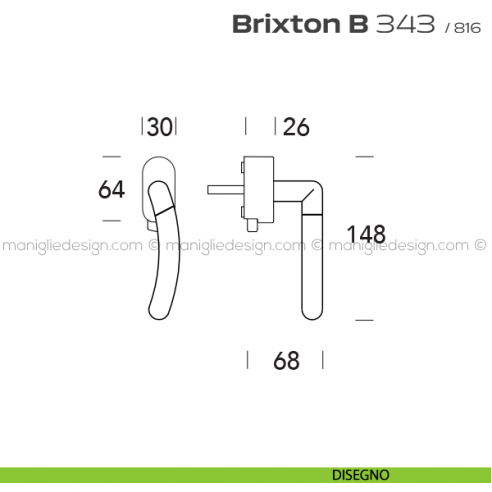 Maniglia per finestra DK con pulsante su placca 343 Brixton B Reguitti disegno