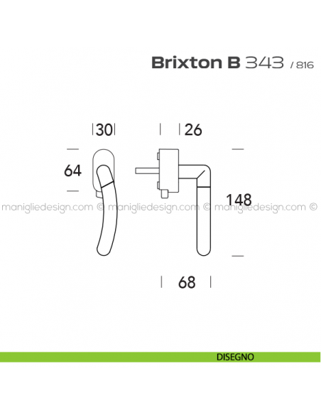 Maniglia per finestra DK con pulsante su placca 343 Brixton B Reguitti disegno