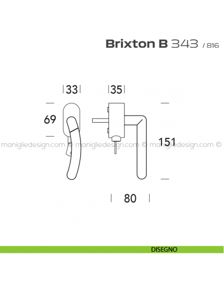 Maniglia per finestra DK con chiave su placca 343 Brixton B Reguitti disegno