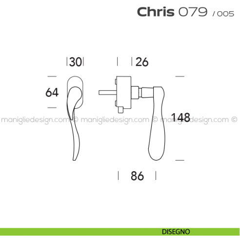 Maniglia per finestra DK con pulsante su placca 079 Chris Reguitti disegno