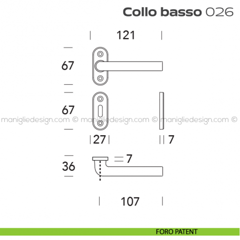 Maniglia per porta 26 Collo Basso Reguitti con rosetta ovale foro patent