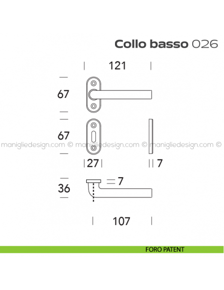 Maniglia per porta 26 Collo Basso Reguitti con rosetta ovale foro patent