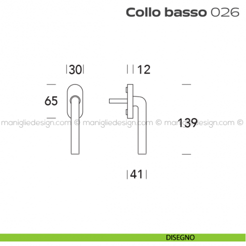 Maniglia per finestra martellina 26 Collo Basso Reguitti disegno