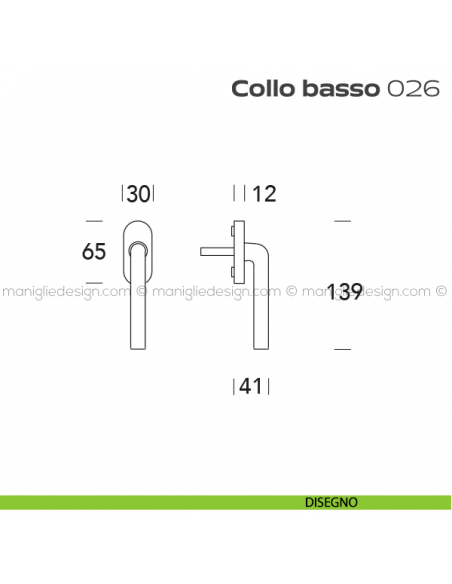 Maniglia per finestra martellina 26 Collo Basso Reguitti disegno