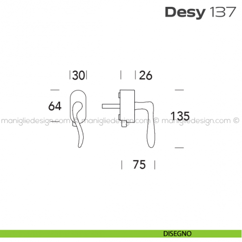 Maniglia per finestra DK con pulsante su placca 137 Desy Reguitti disegno