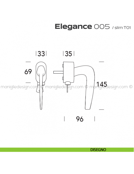 Maniglia per finestra martellina DK con chiave 005 Elegance Reguitti disegno