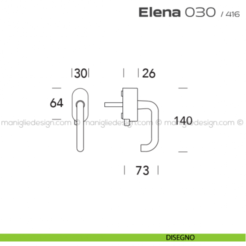 Maniglia per finestra DK con pulsante su placca 030 Elena Reguitti disegno