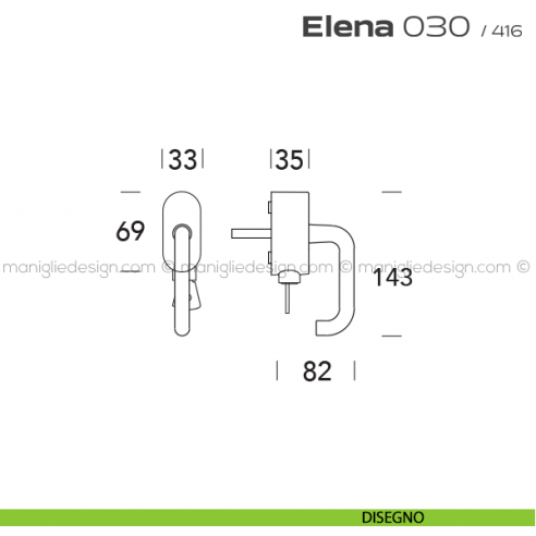 Maniglia per finestra martellina DK con chiave 030 Elena Reguitti disegno
