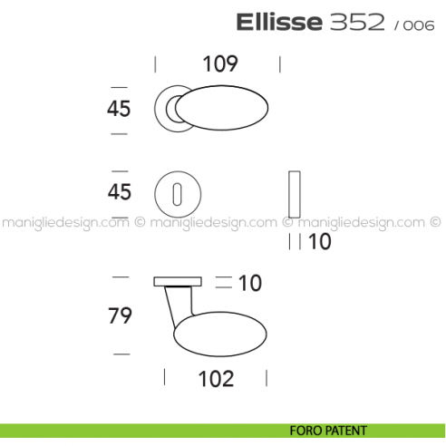 Maniglia per porta 352 Ellisse Reguitti con rosetta ad avvitare foro patent