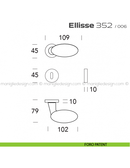 Maniglia per porta 352 Ellisse Reguitti con rosetta ad avvitare foro patent