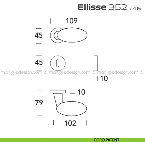 Maniglia per porta 352 Ellisse Reguitti con rosetta a pressione foro patent