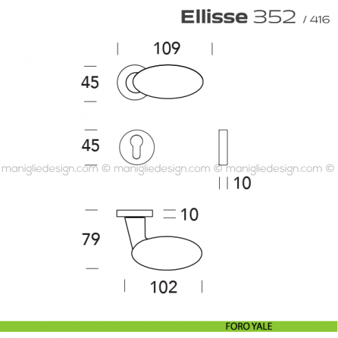 Maniglia per porta 352 Ellisse Reguitti con rosetta a pressione foro yale