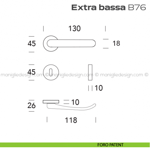 Maniglia ribassata per porta B76 Extra Bassa Reguitti foro patent