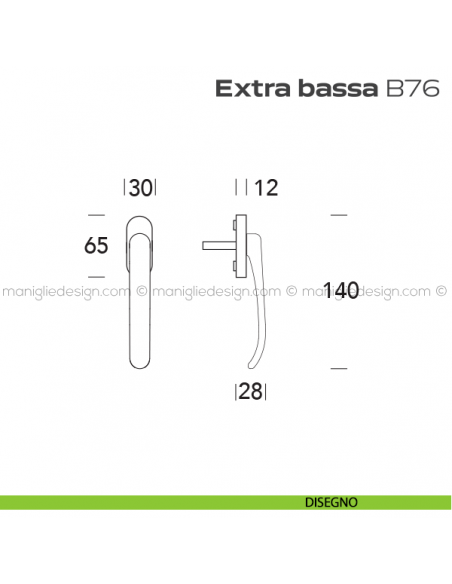 Maniglia DK ribassata per finestra B76 Extra Bassa Reguitti disegno