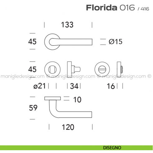 Maniglia per porta con nottolino 016 Florida Reguitti disegno
