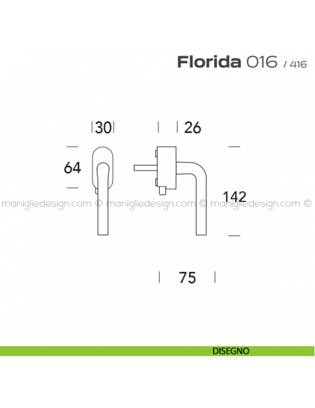 Maniglia per finestra DK con pulsante su placca 016 Florida Reguitti disegno