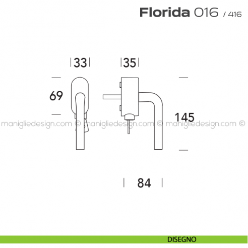 Maniglia per finestra martellina DK con chiave 016 Florida Reguitti disegno