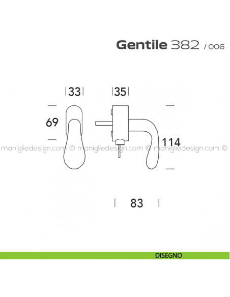 Maniglia per finestra martellina DK con chiave 382 Gentile Reguitti disegno