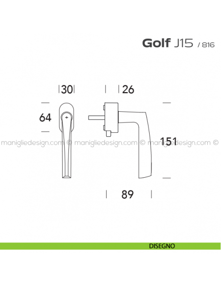 Maniglia DK per finestra con pulsante su placca Golf J15 Reguitti disegno
