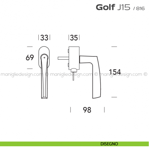 Maniglia DK per finestre con chiave su placca Golf J15 Reguitti disegno