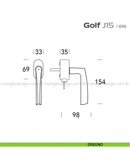 Maniglia DK per finestre con chiave su placca Golf J15 Reguitti disegno