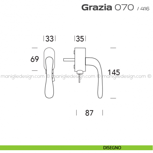 Maniglia per finestra martellina DK con chiave 070 Grazia Reguitti disegno