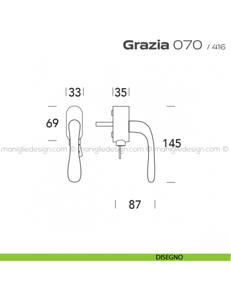 Maniglia per finestra martellina DK con chiave 070 Grazia Reguitti disegno