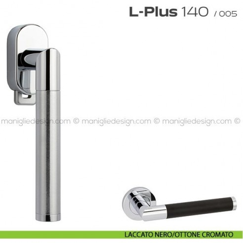 Maniglia per finestra DK con pulsante su placca 140 L-Plus Reguitti laccato nero/ottone cromato