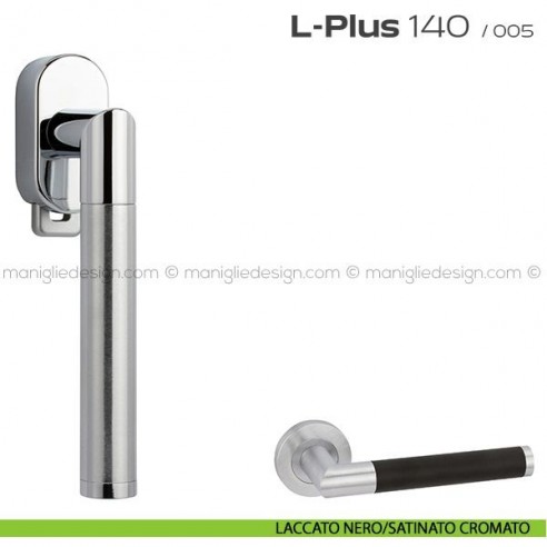 Maniglia per finestra DK con pulsante su placca 140 L-Plus Reguitti laccato nero/satinato cromato