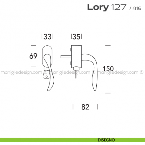 Maniglia per finestra DK con chiave su placca 127 Lory Reguitti disegno