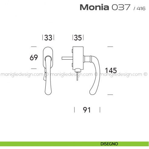 Maniglia per finestra martellina DK con chiave 037 Monia Reguitti disegno